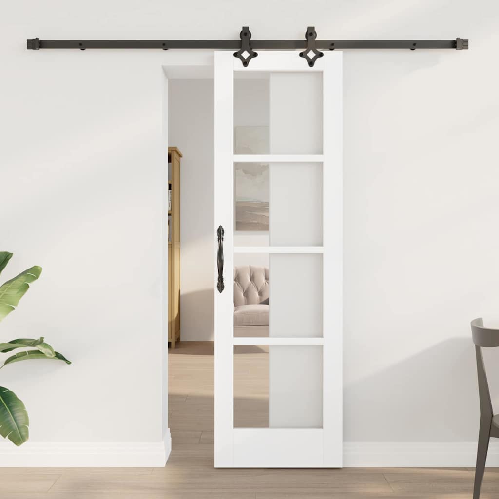 Porta Scorrevole Bianco 61 x 198,5 cm Legno Massello e Vetro