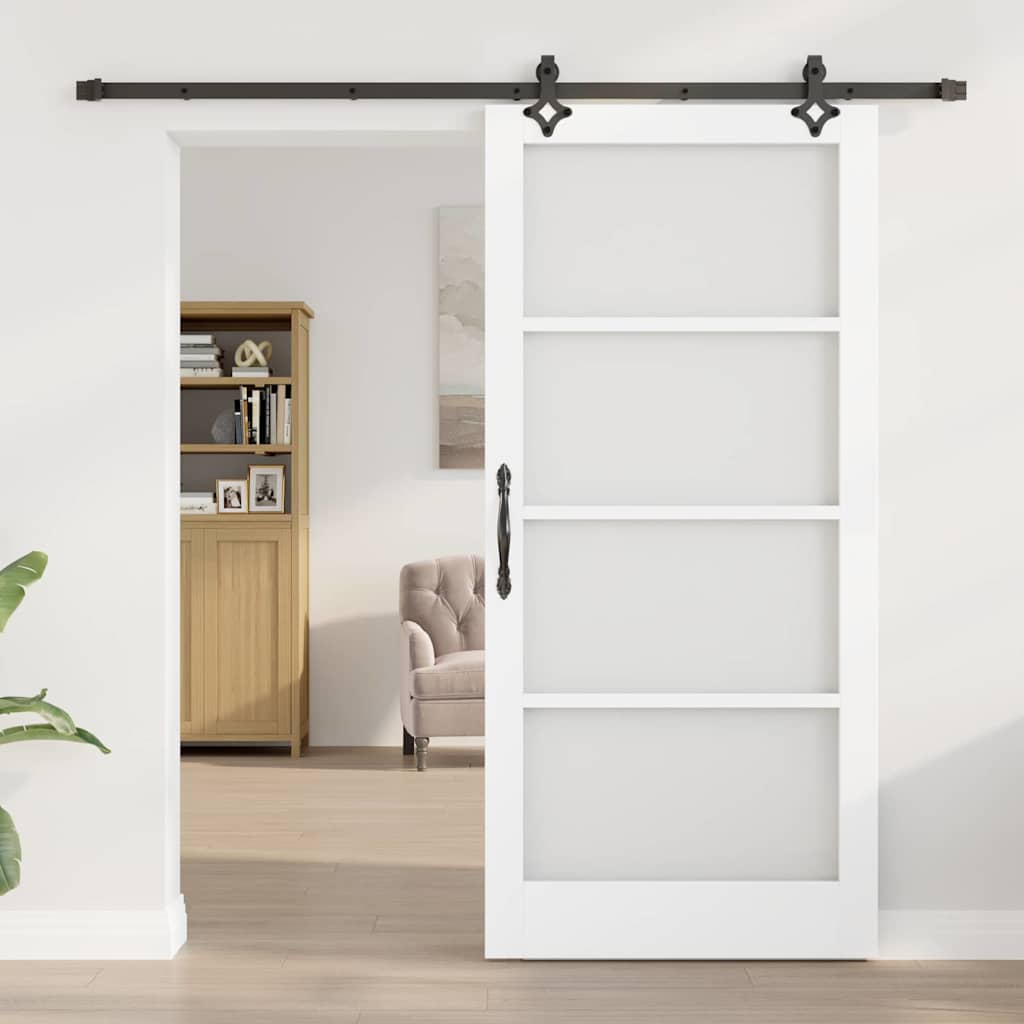 Porta Scorrevole Bianco 93 x 202 cm - Legno Massello e Vetro