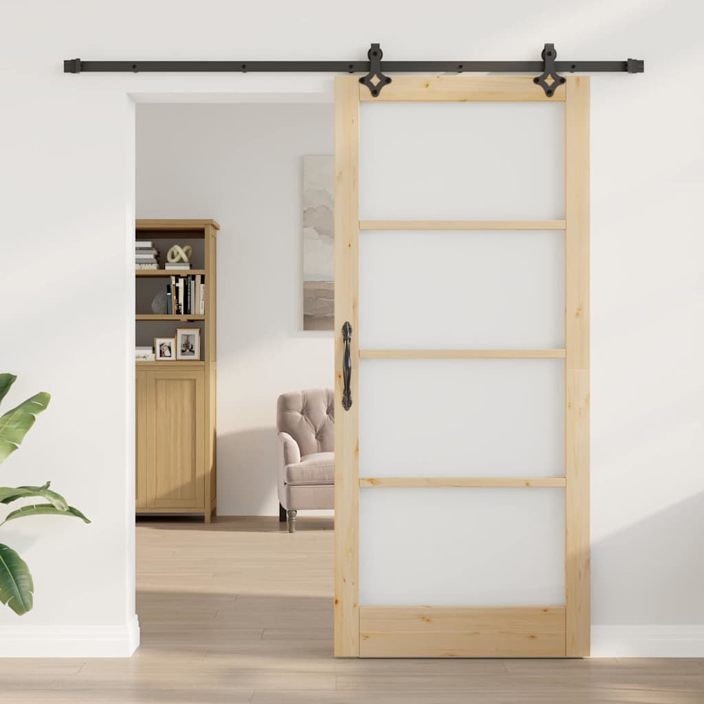 Porta Scorrevole in Legno di Pino e Vetro Naturale 93 x 211 cm