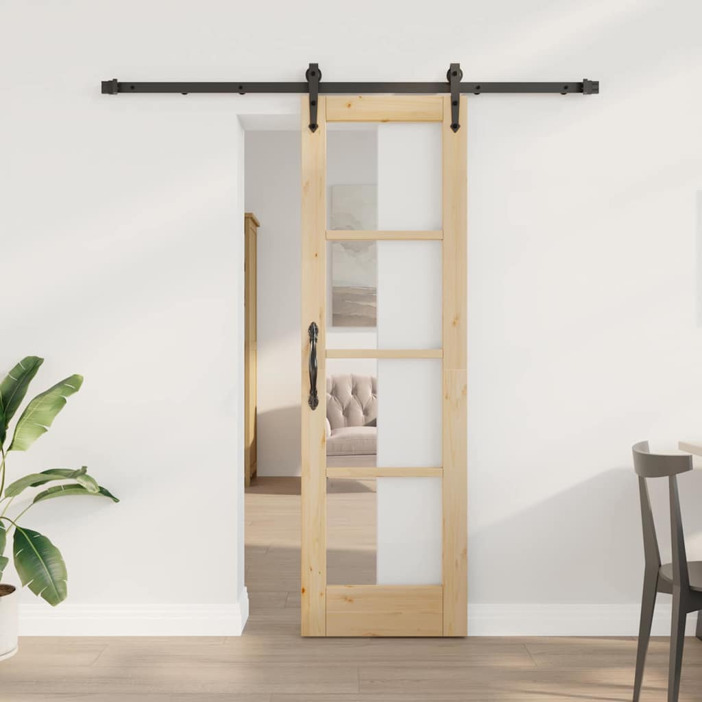 Porta Scorrevole in Legno Massello di Pino e Vetro Naturale 61 x 198,5 cm