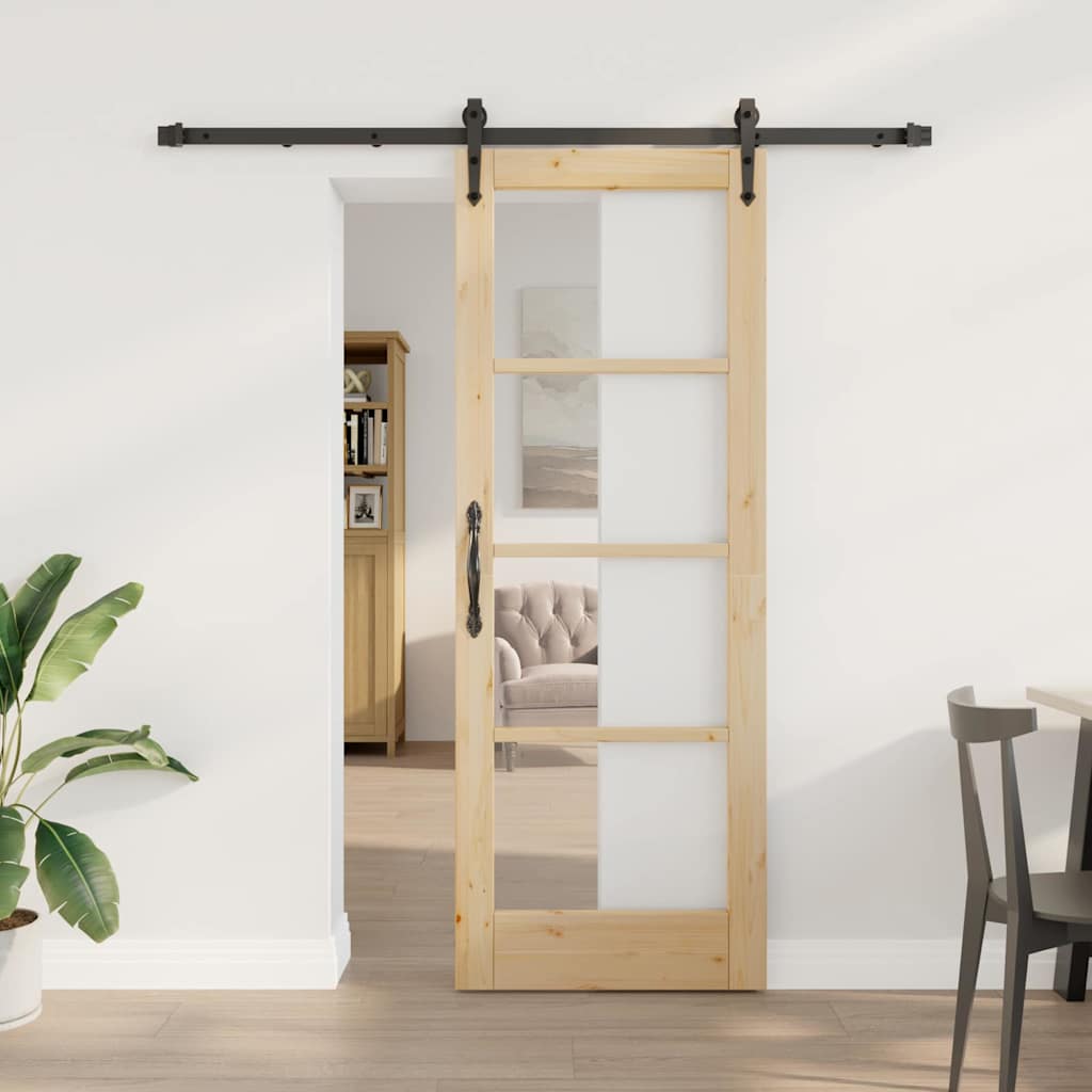 Porta Scorrevole Naturale in Legno Massello di Pino e Vetro 73,5 x 198,5 cm