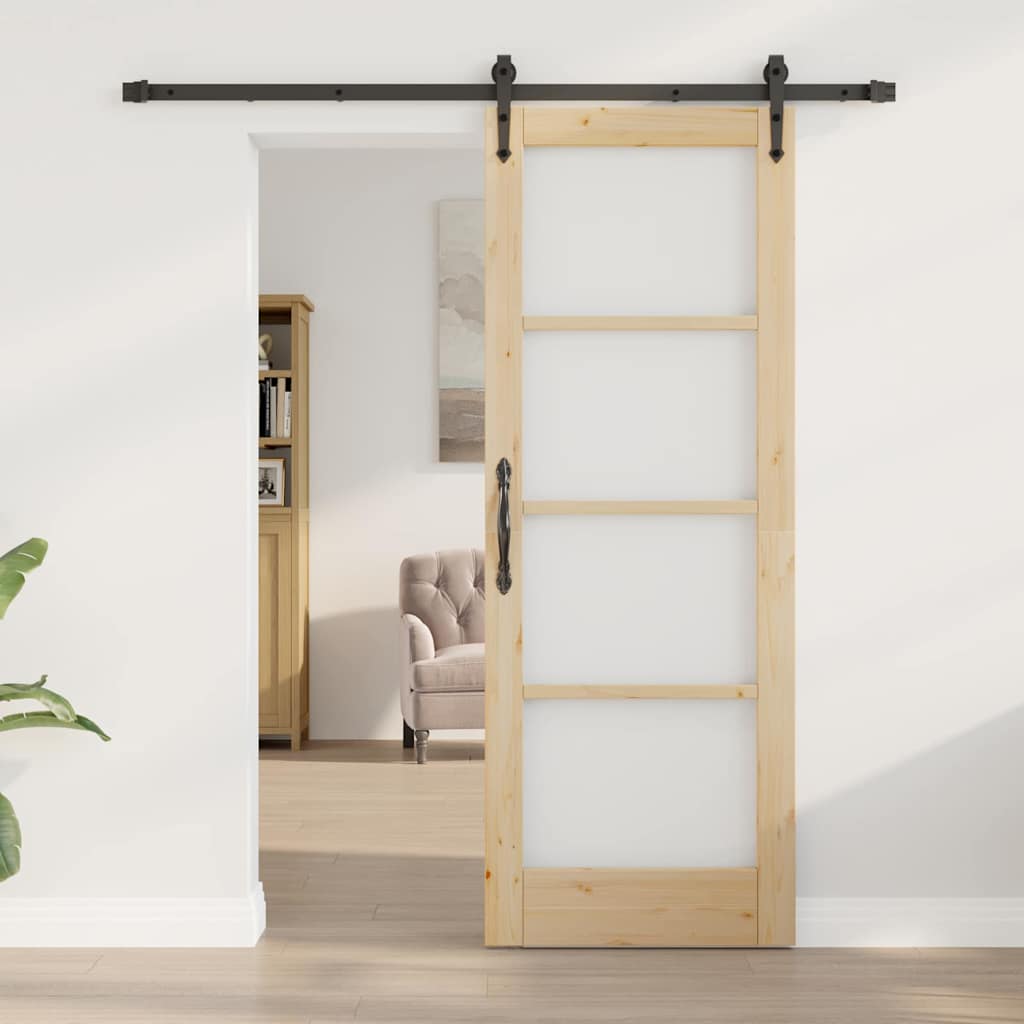 Porta Scorrevole Naturale in Legno Massello di Pino e Vetro 73,5 x 198,5 cm