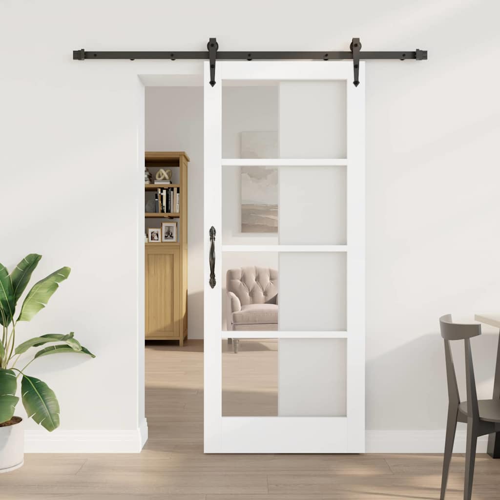 Porta Scorrevole Bianco 83 x 202 cm Legno Massello Pino e Vetro