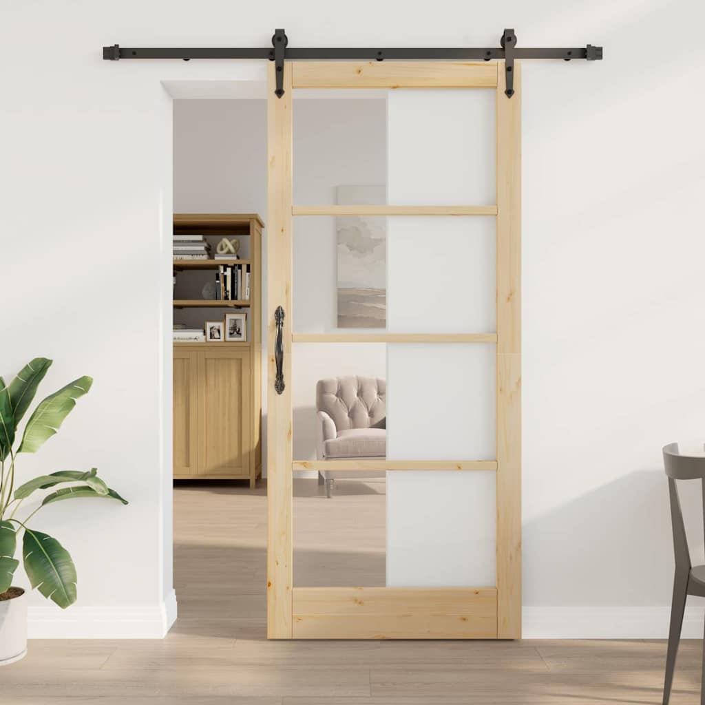 Porta Scorrevole Naturale 93 x 211 cm - Legno Massello Pino e Vetro