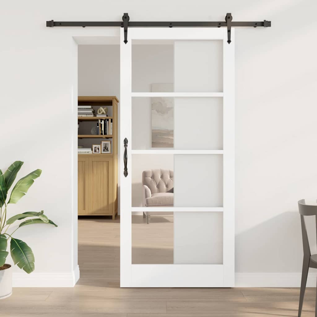 Porta Scorrevole Bianca 93 x 211 cm Legno Massello di Pino e Vetro