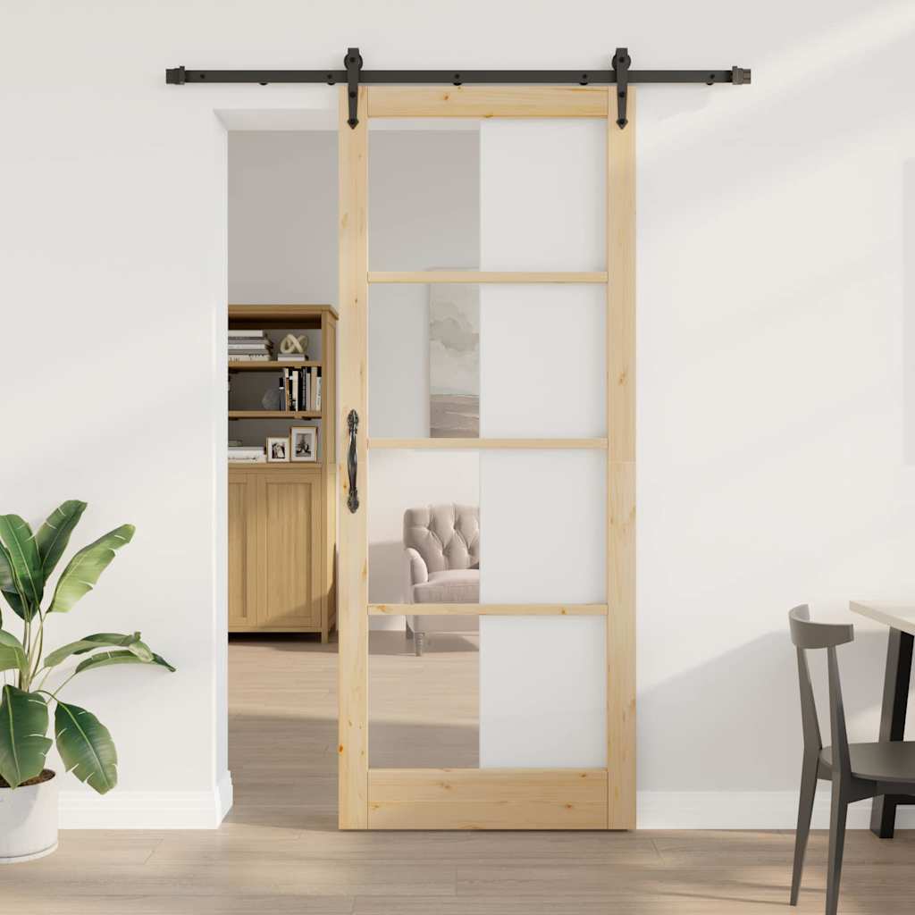 Porta Scorrevole in Legno Massello di Pino e Vetro Naturale 93 x 232 cm