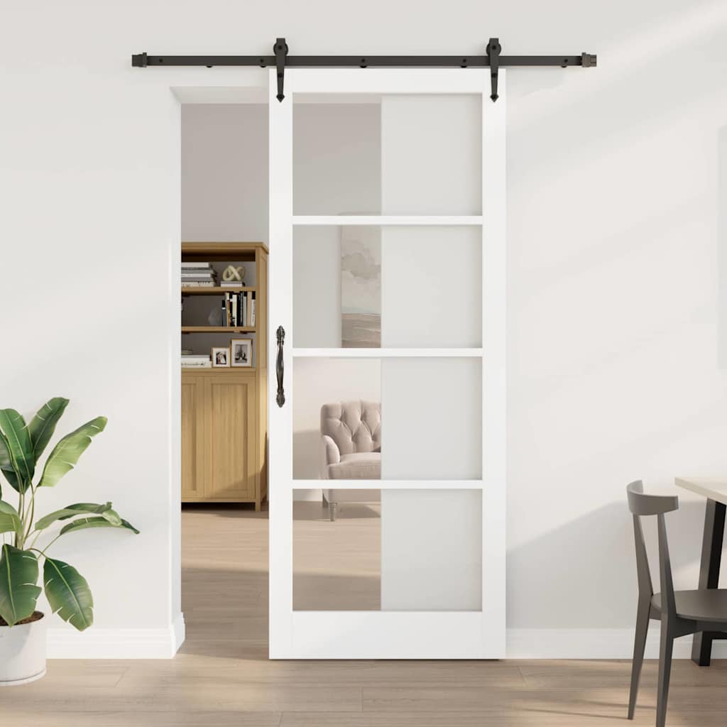 Porta Scorrevole Bianco 93 x 232 cm Legno Massello Pino e Vetro