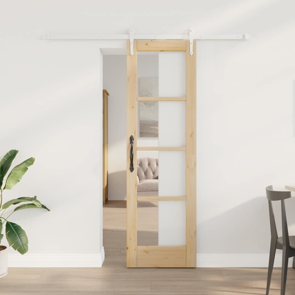 Porta Scorrevole in Legno di Pino e Vetro Naturale 61 x 198,5 cm