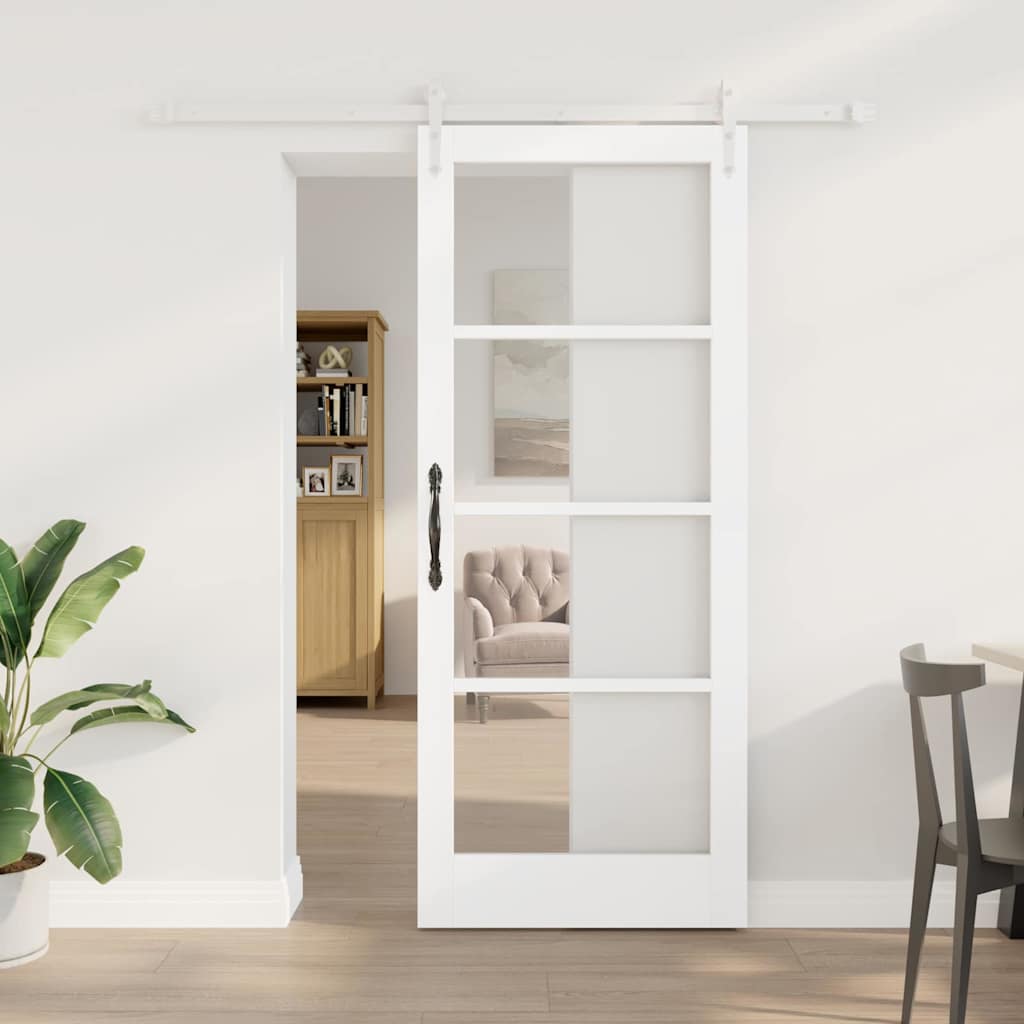 Porta Scorrevole Bianco 83 x 202 cm Legno Massello Pino e Vetro