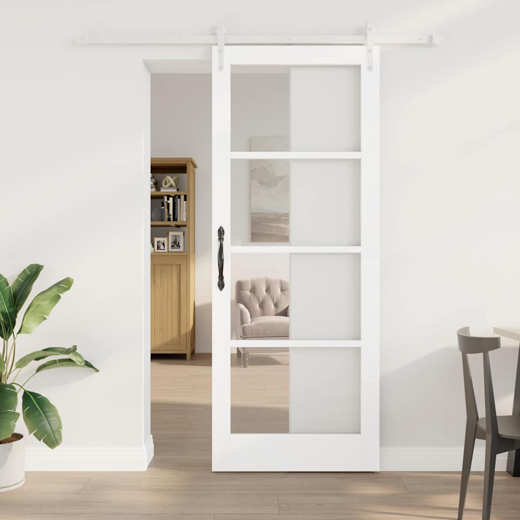 Porta Scorrevole Bianca in Legno Massello di Pino e Vetro 83 x 211 cm