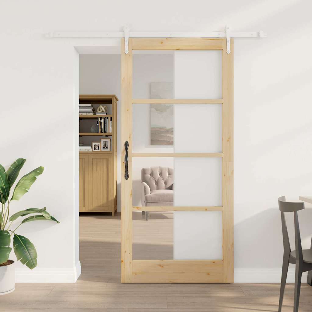 Porta Scorrevole Naturale in Legno Massello di Pino e Vetro 93 x 202 cm