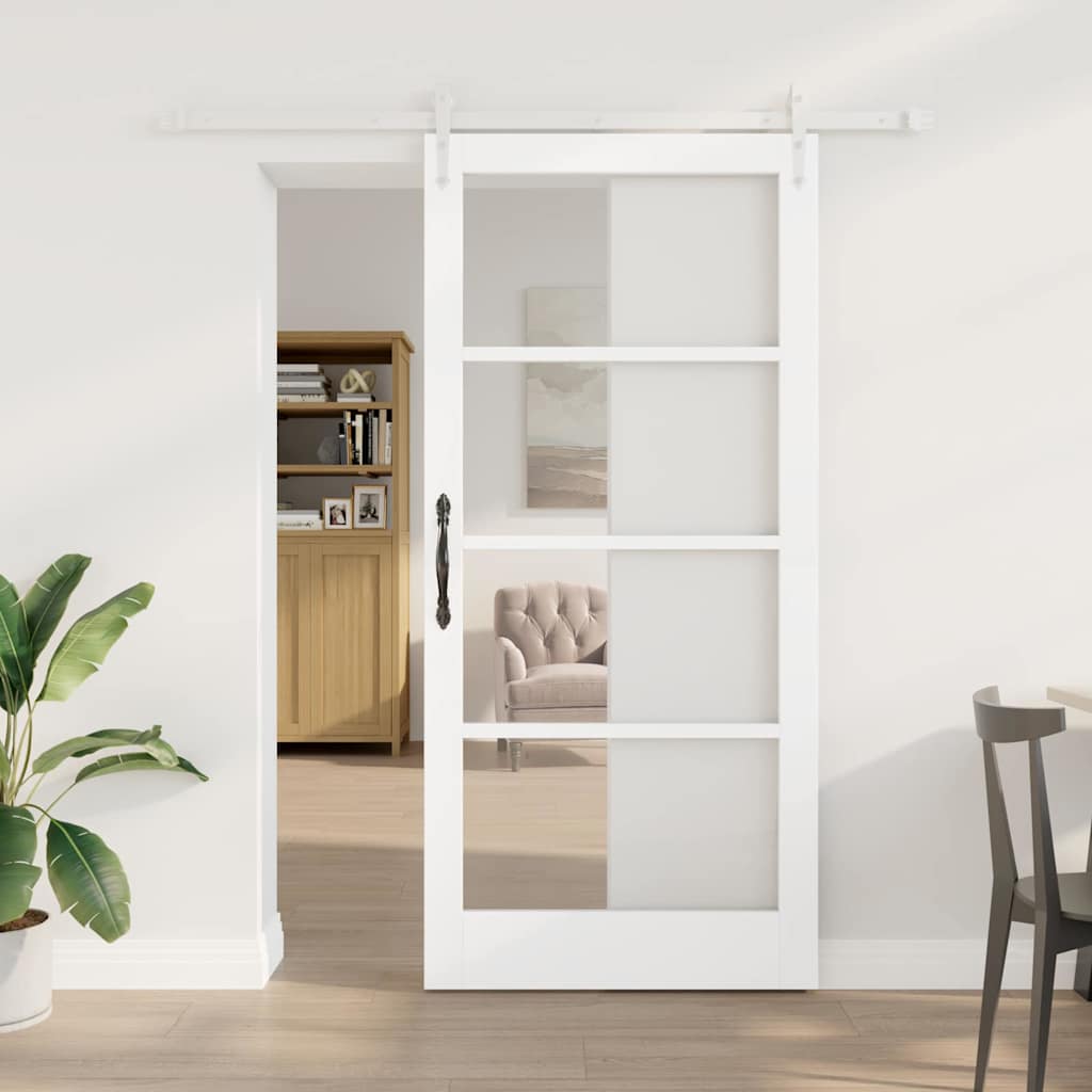 Porta Scorrevole Bianco 93 x 202 cm in Legno Massello di Pino e Vetro