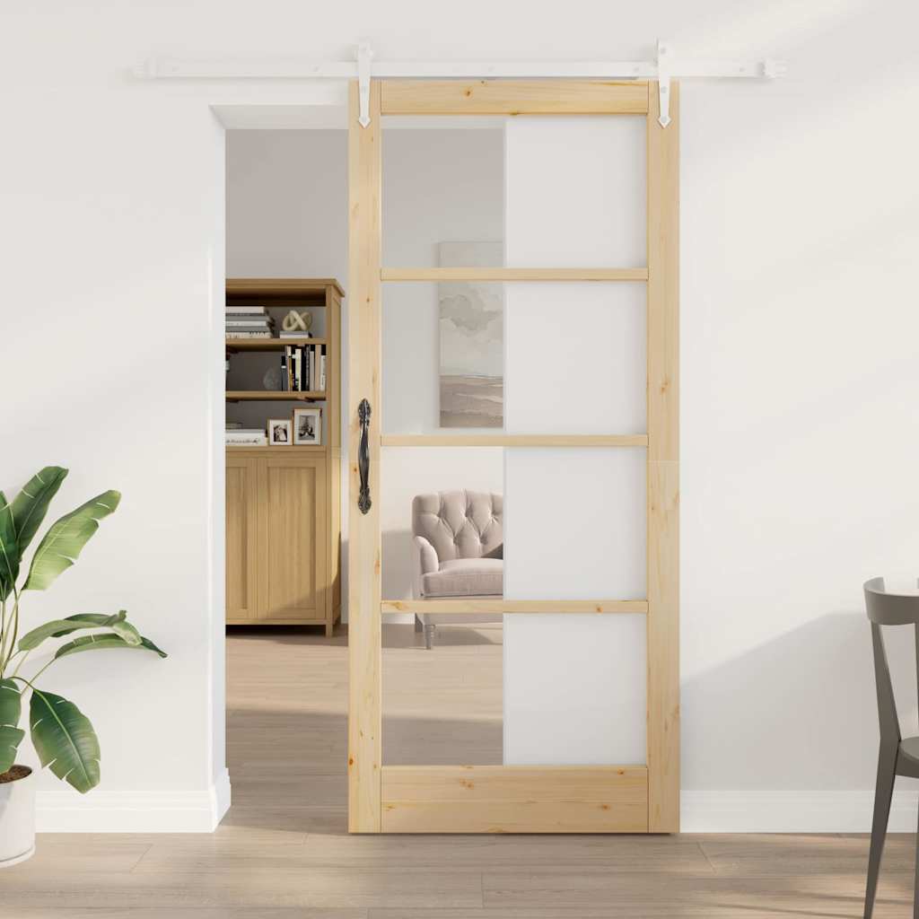 Porta Scorrevole Naturale 93 x 211 cm - Legno Massello Pino e Vetro