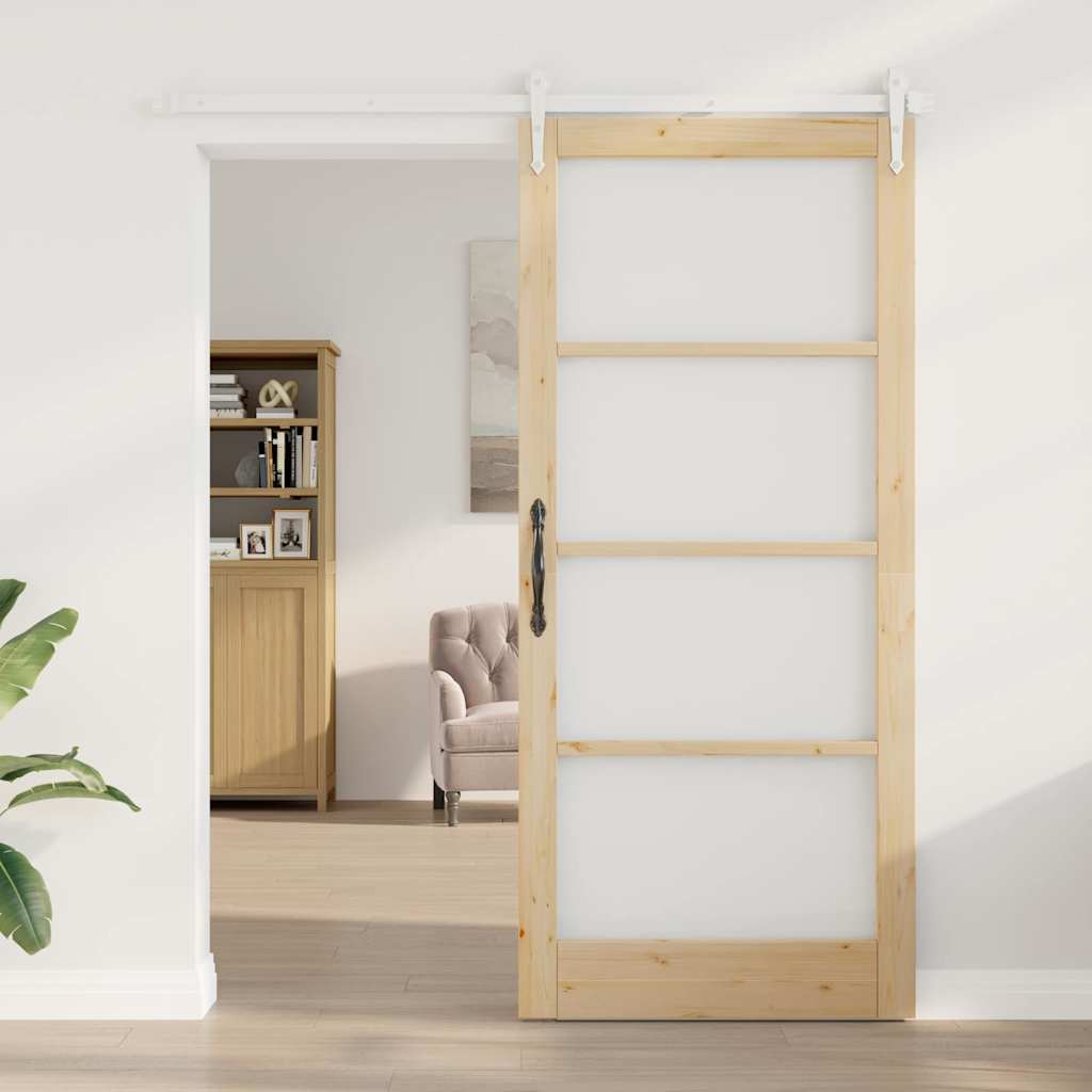 Porta Scorrevole Naturale 93 x 211 cm - Legno Massello Pino e Vetro