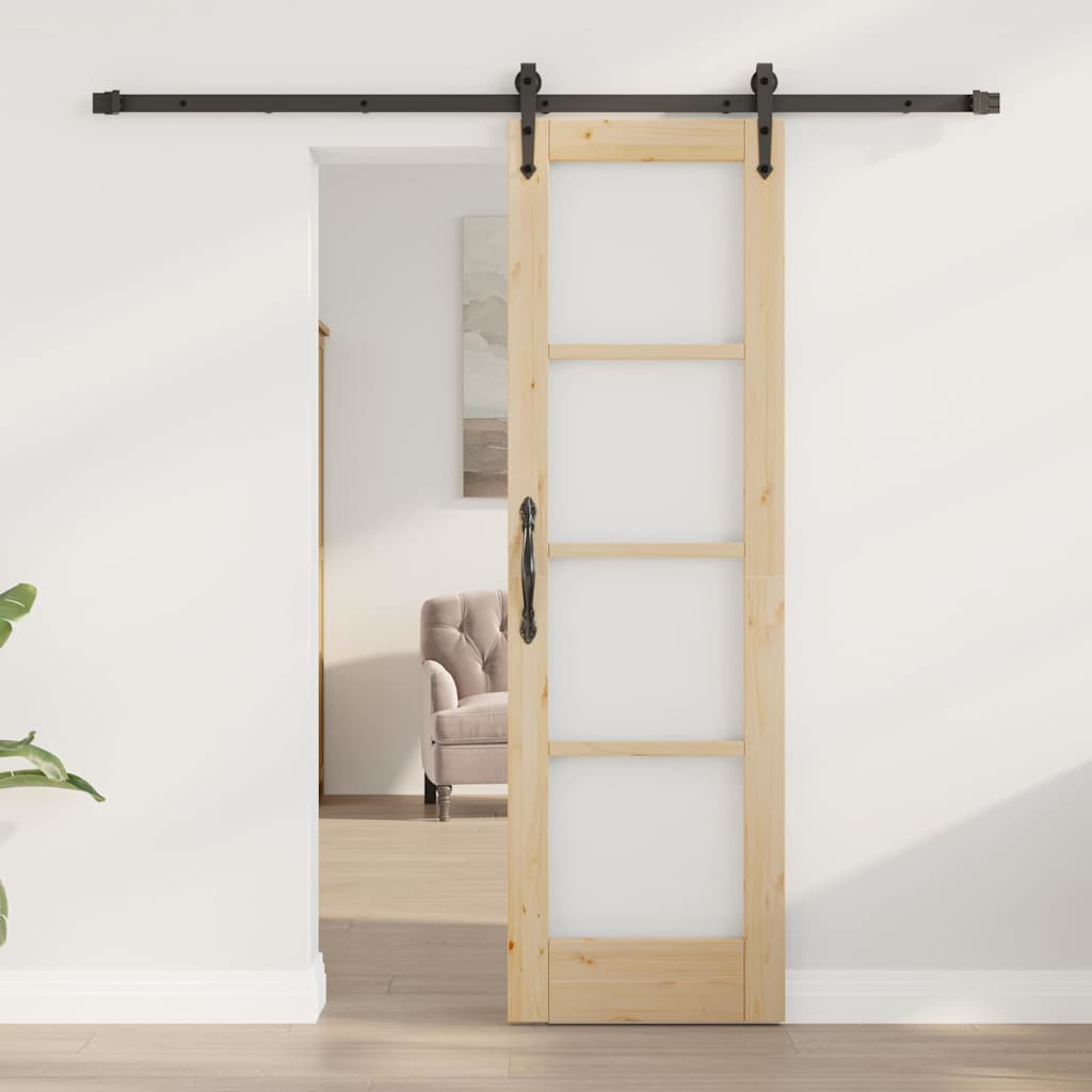 Porta Scorrevole Naturale e Nero Legno Massello Pino e Vetro 61 x 198,5 cm