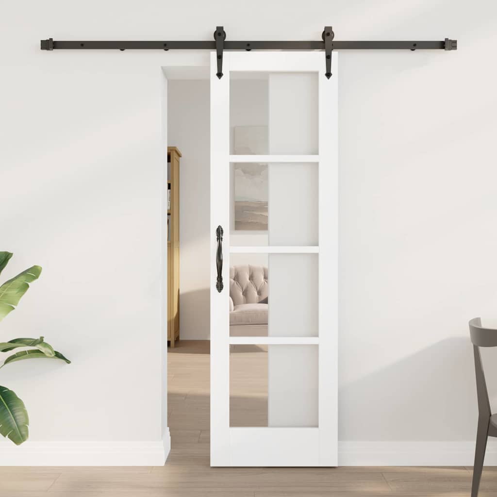 Porta Scorrevole Bianco e Nero 61 x 198,5 cm - Legno Massello di Pino e Vetro