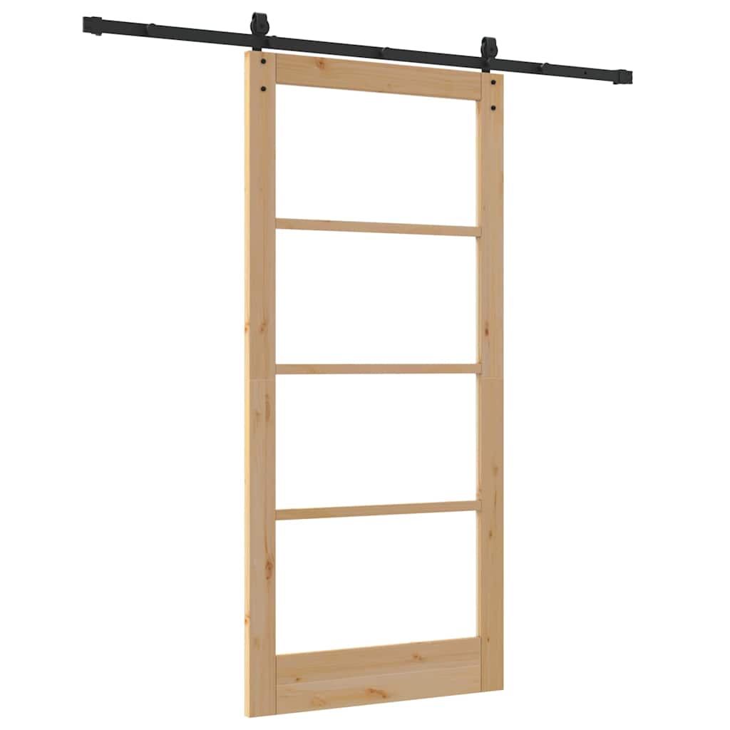 Porta Scorrevole Naturale e Nero 93 x 202 cm - Legno Massello di Pino e Vetro