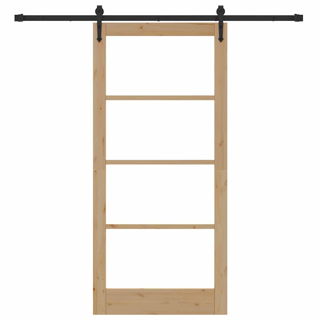 Porta Scorrevole Naturale e Nero 93 x 202 cm - Legno Massello di Pino e Vetro