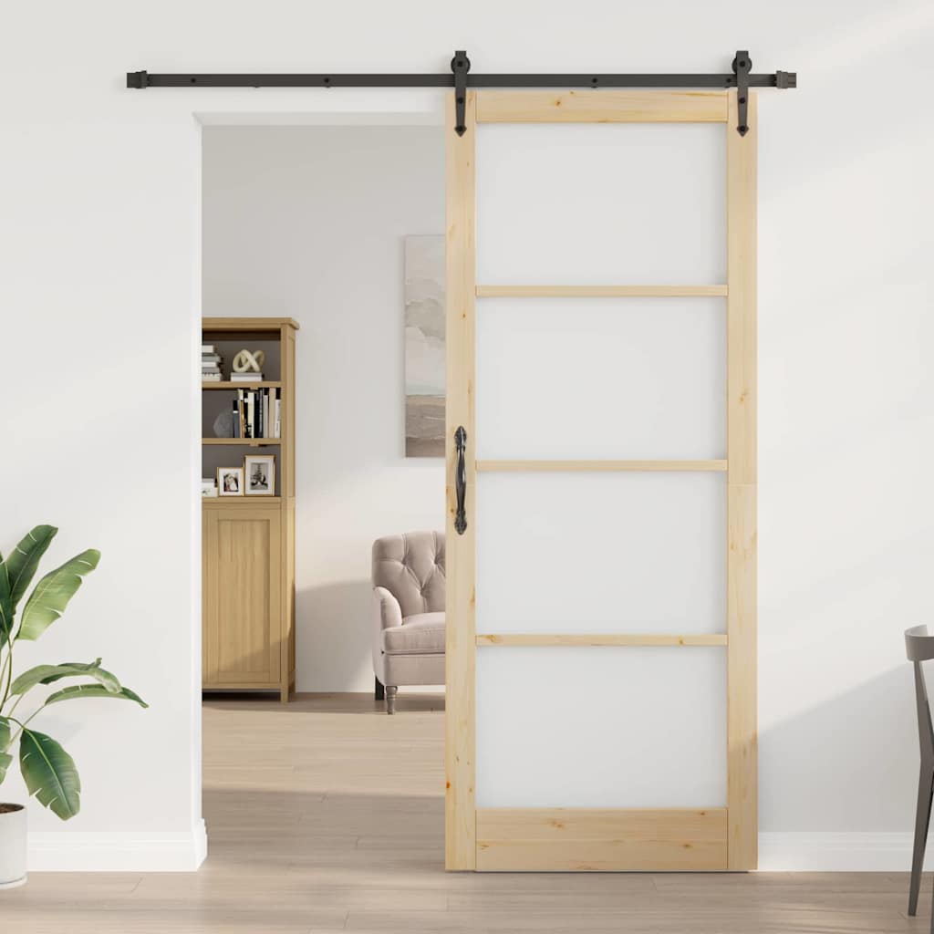Porta Scorrevole in Legno Massello di Pino e Vetro 93 x 232 cm Naturale e Nero