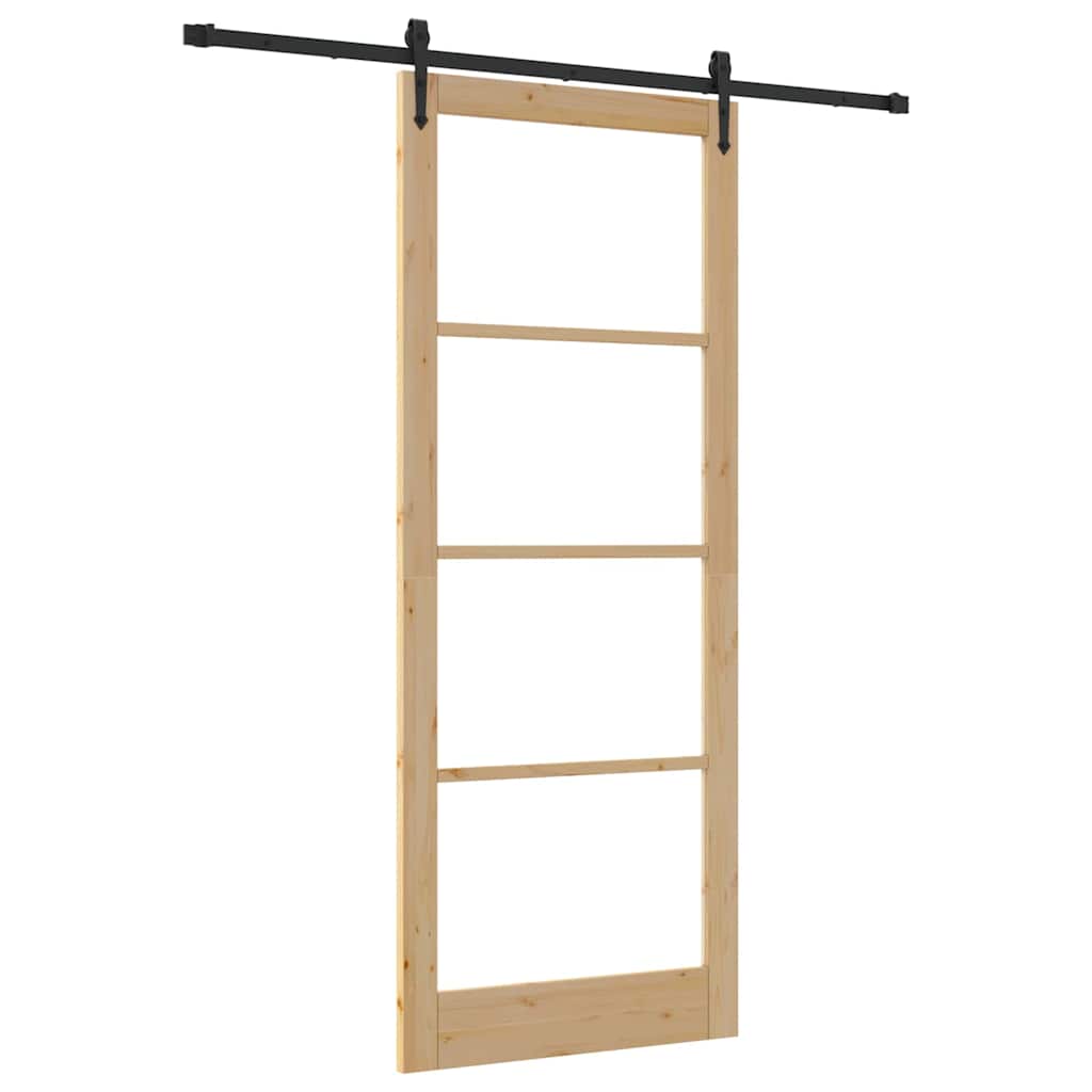 Porta Scorrevole in Legno Massello di Pino e Vetro 93 x 232 cm Naturale e Nero