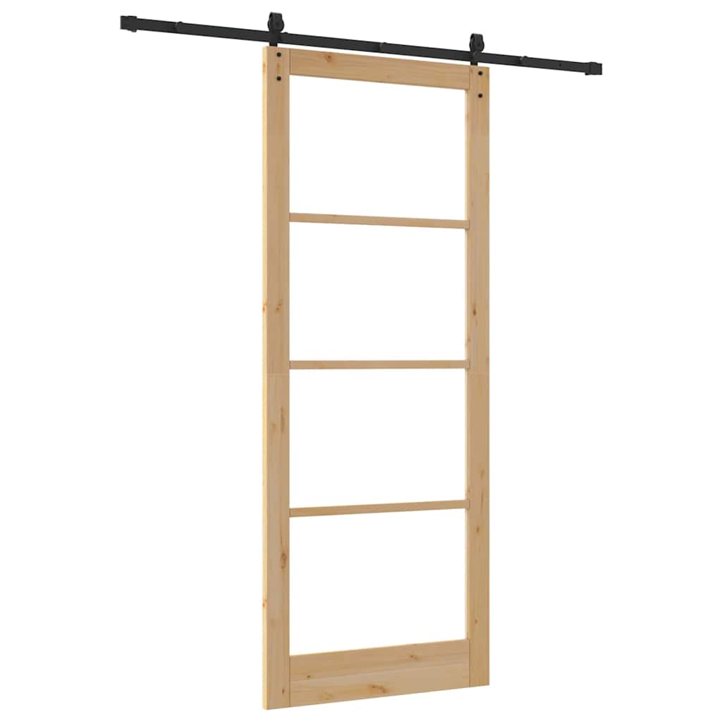 Porta Scorrevole in Legno Massello di Pino e Vetro 93 x 232 cm Naturale e Nero