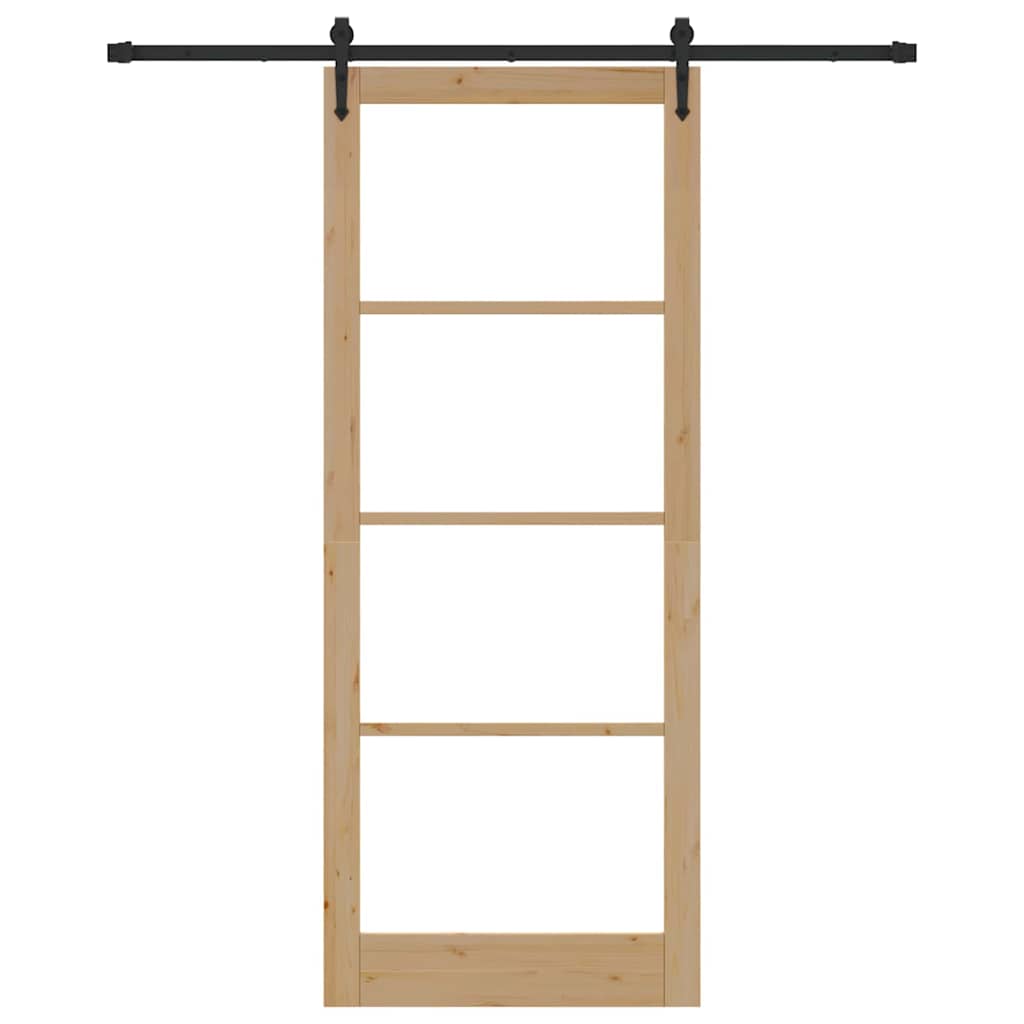 Porta Scorrevole in Legno Massello di Pino e Vetro 93 x 232 cm Naturale e Nero