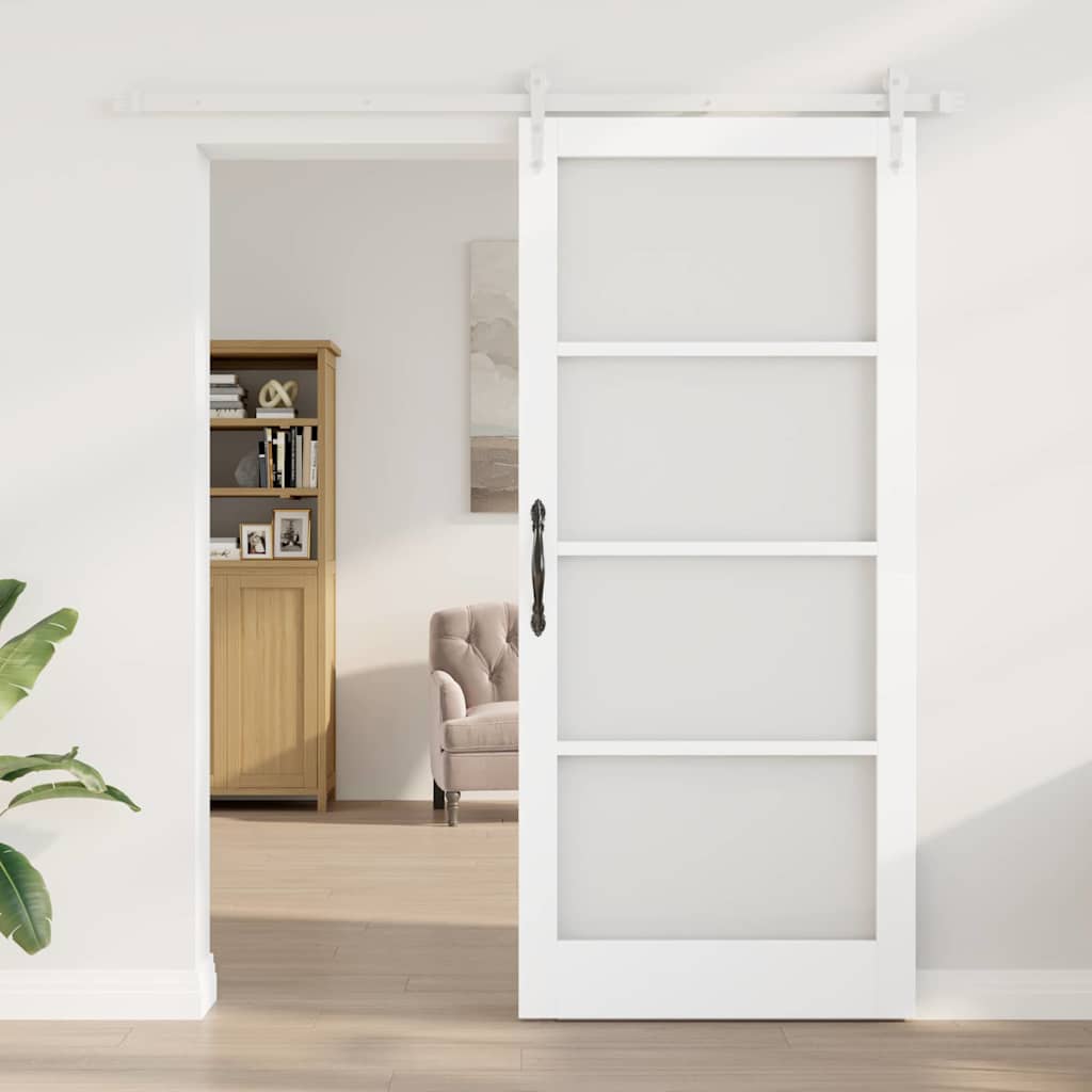 Porta Scorrevole Bianco 93 x 211 cm Legno Massello Pino e Vetro