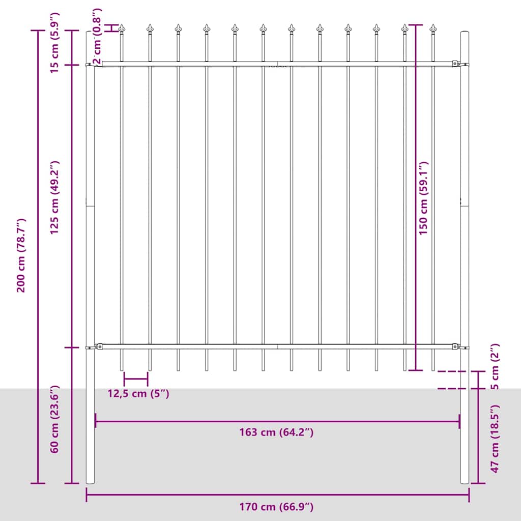 Recinzione per Giardino 3 pezzi Grigio 510 x 200 cm Acciaio Verniciato
