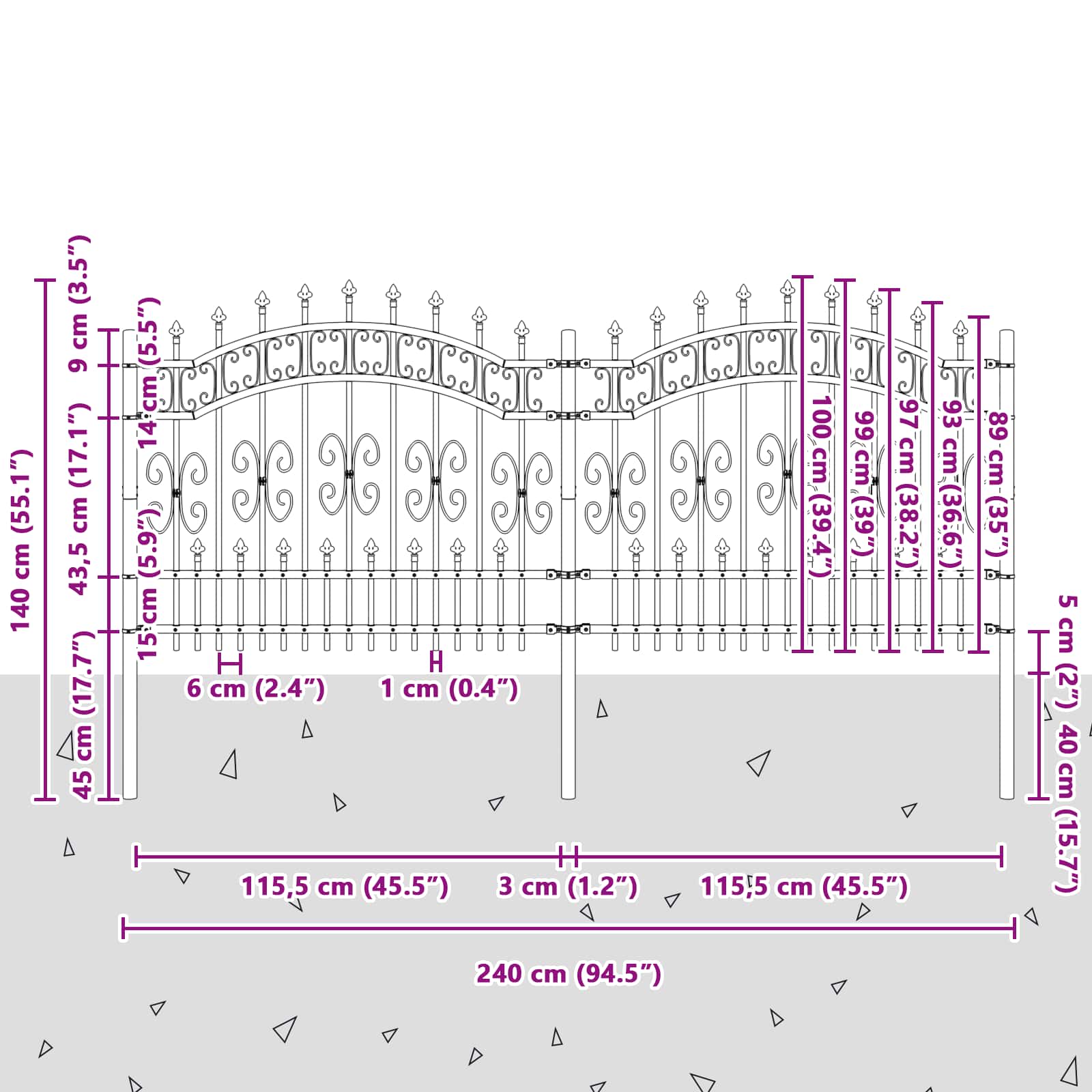 Recinzione da Giardino KAMPEN 240 x 140 cm Acciaio Grigio Mesh