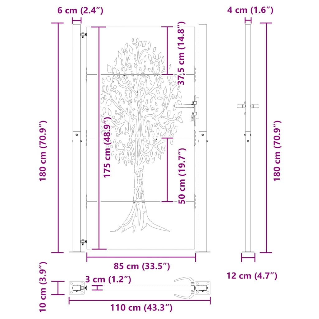 Cancello da giardino in acciaio verniciato nero 110 x 180 cm con lucchetto a cilindro