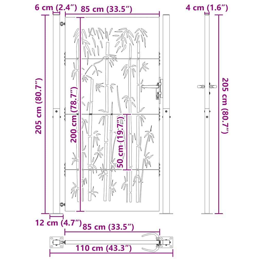 Cancello da giardino con serratura a catenaccio nero 110 x 205 cm