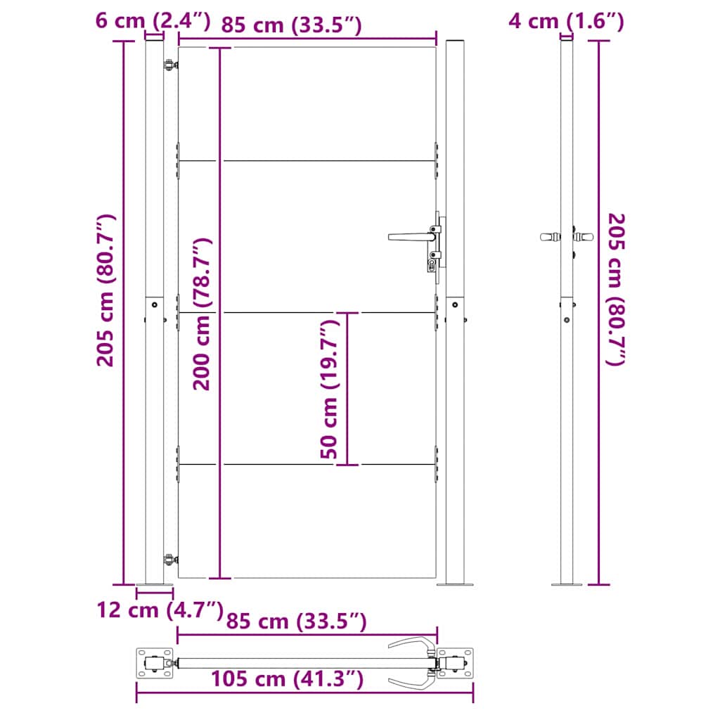 Cancello da Giardino in Acciaio con Serratura Nero 105 x 205 cm