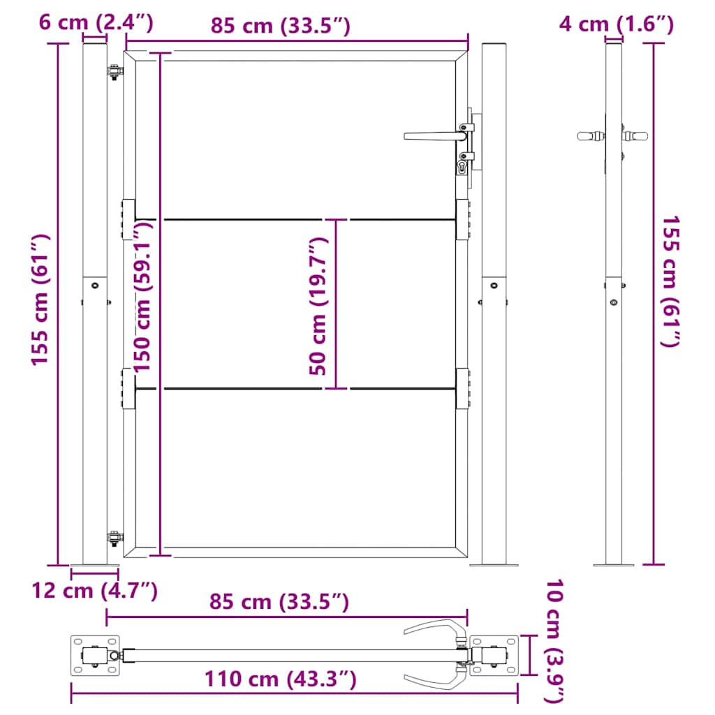 Cancello da Giardino in Acciaio Nero 110 x 155 cm con Blocco