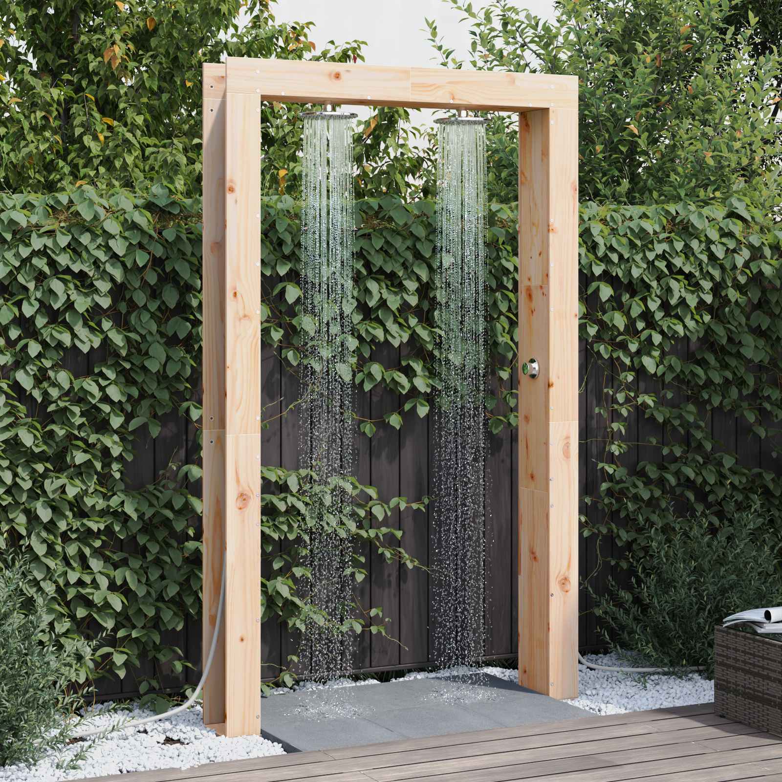 Doccia da esterno 226 cm in legno massello di pino e acciaio inox