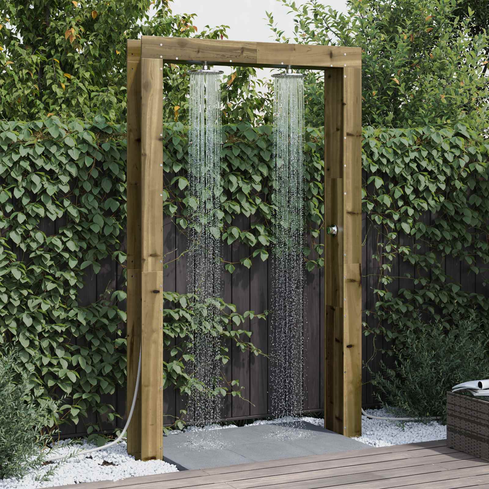 Doccia da esterno 226 cm in legno di pino e acciaio inossidabile