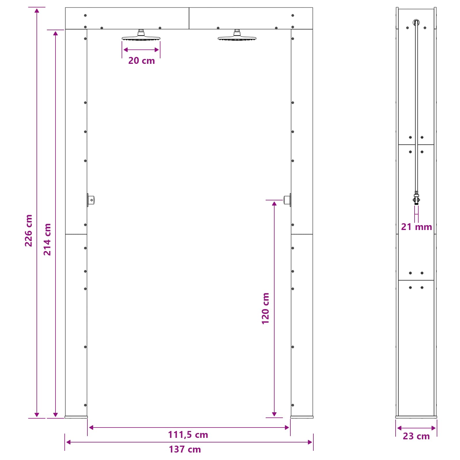 Doccia da esterno 226 cm in legno di pino e acciaio inossidabile