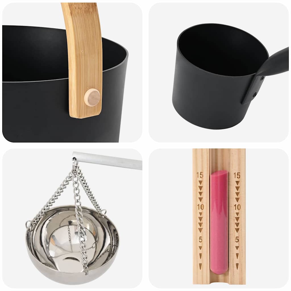 Set di Accessori per Sauna 5 Pezzi Nero - Alluminio e Legno