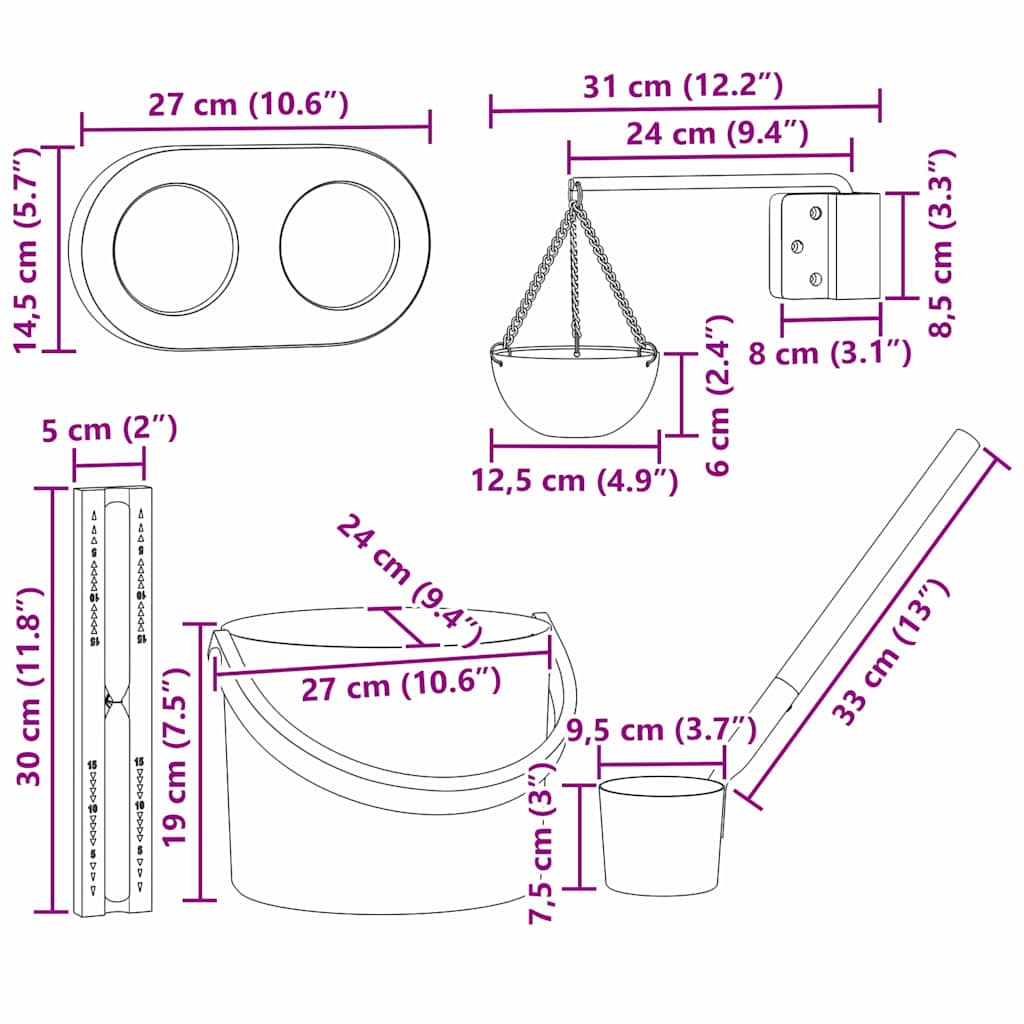 Set di Accessori per Sauna 5 Pezzi Nero - Alluminio e Legno