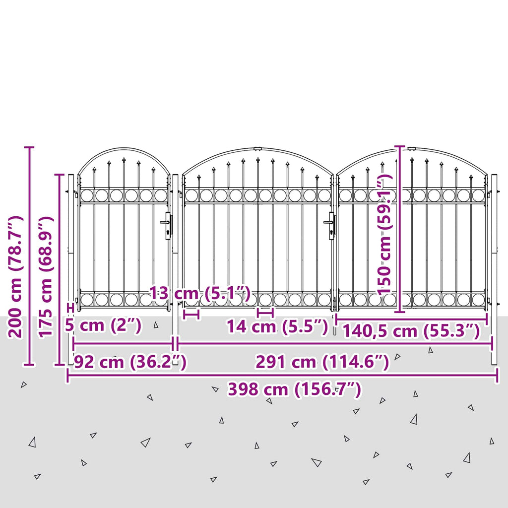 Cancello da Giardino con Parte Superiore Arcuata Assen Grigio 400x150 cm