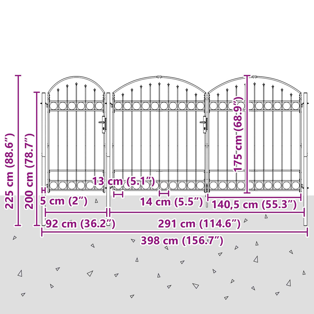 Cancello da Giardino Assen con Parte Superiore Arcuata Grigio 400x175 cm