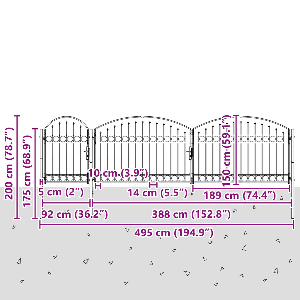 Cancello da Giardino Assen con Parte Superiore Arcuata Grigio 500x150 cm