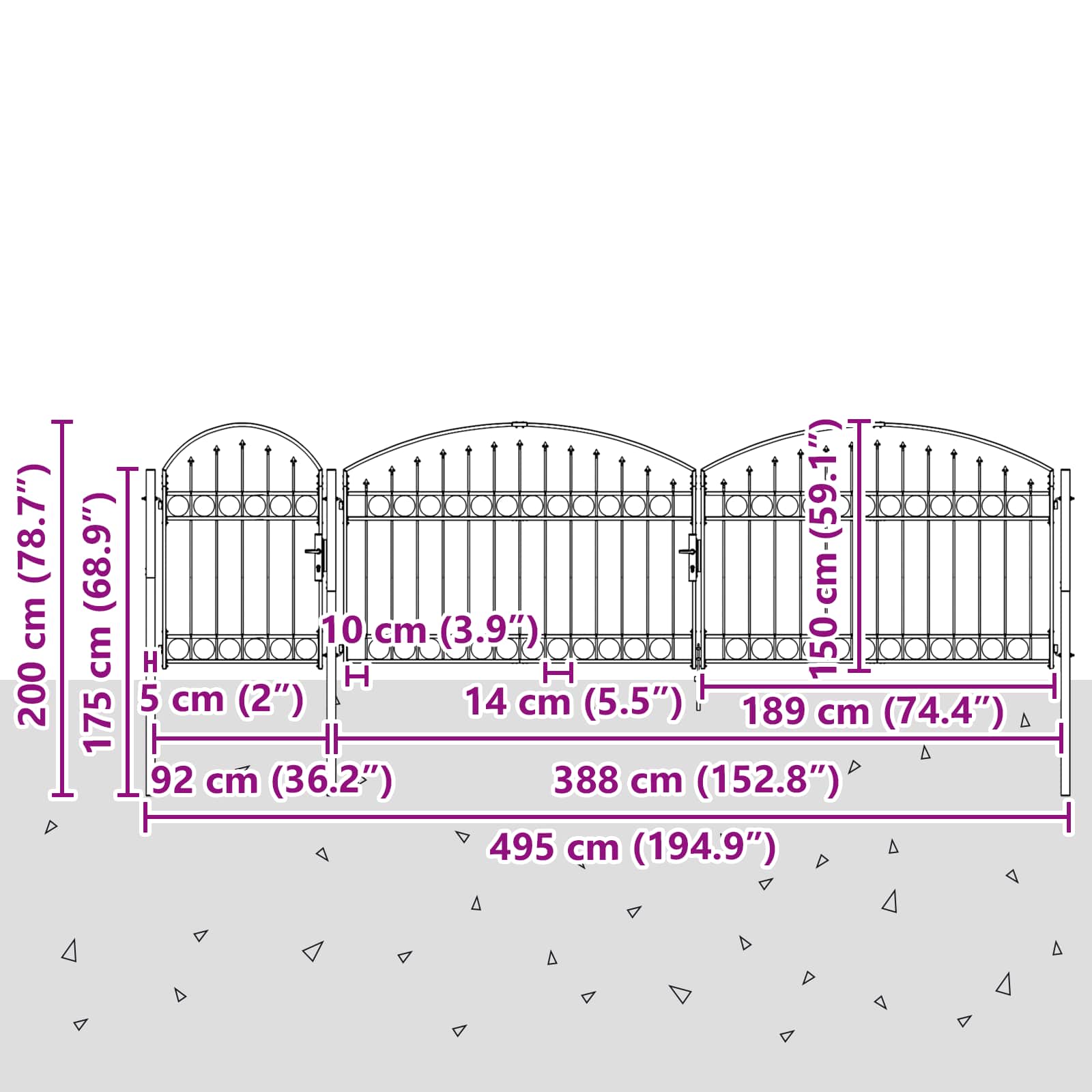 Cancello da Giardino Assen con Parte Superiore Arcuata Grigio 500x150 cm