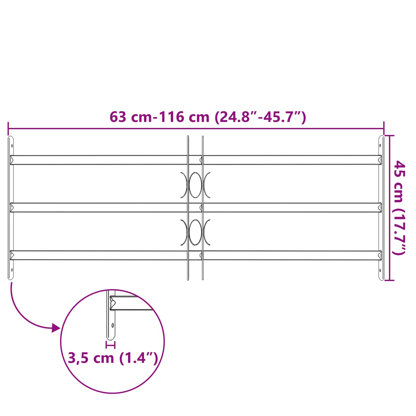 Griglia Finestra 116 x 45 cm Acciaio Verniciato a Polvere Nero