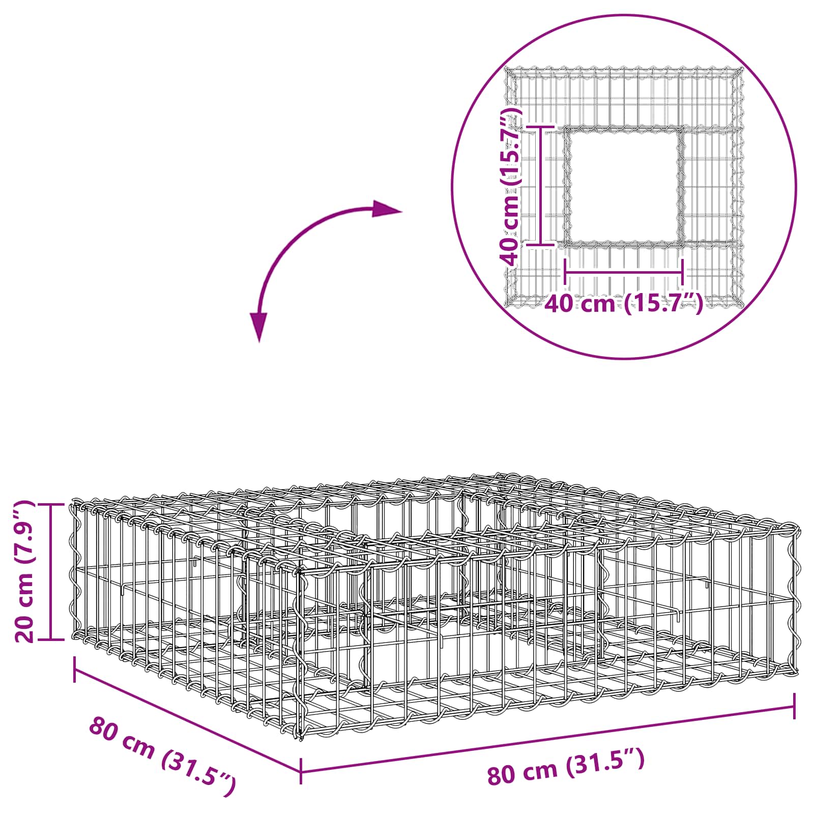 Letto rialzato in gabbione Argento 80x80x20 cm