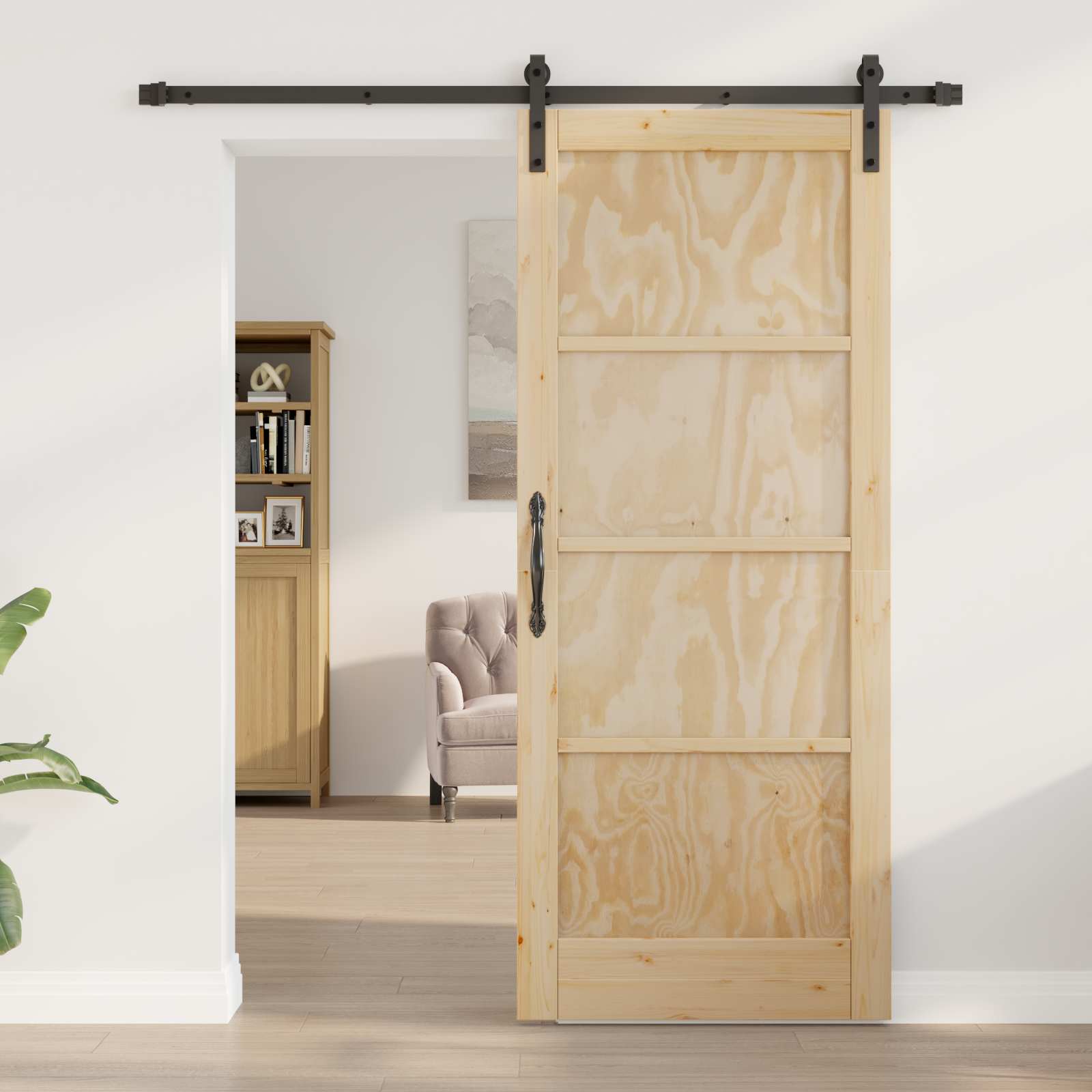 Porta scorrevole in legno di pino naturale e nero 83 x 202 cm