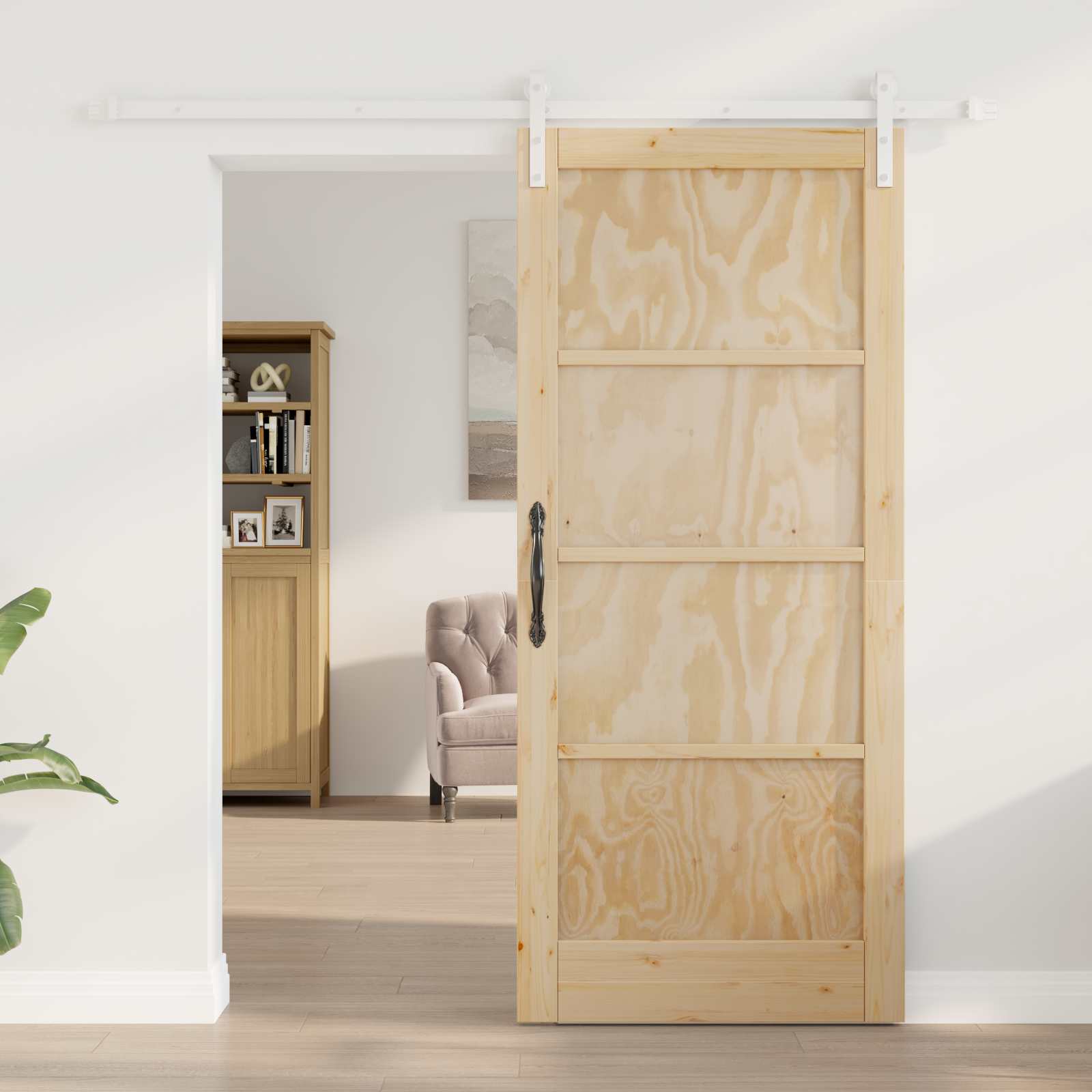 Porta Scorrevole Naturale e Bianco 86 x 198,5 cm - Legno di Pino con Guida in Acciaio