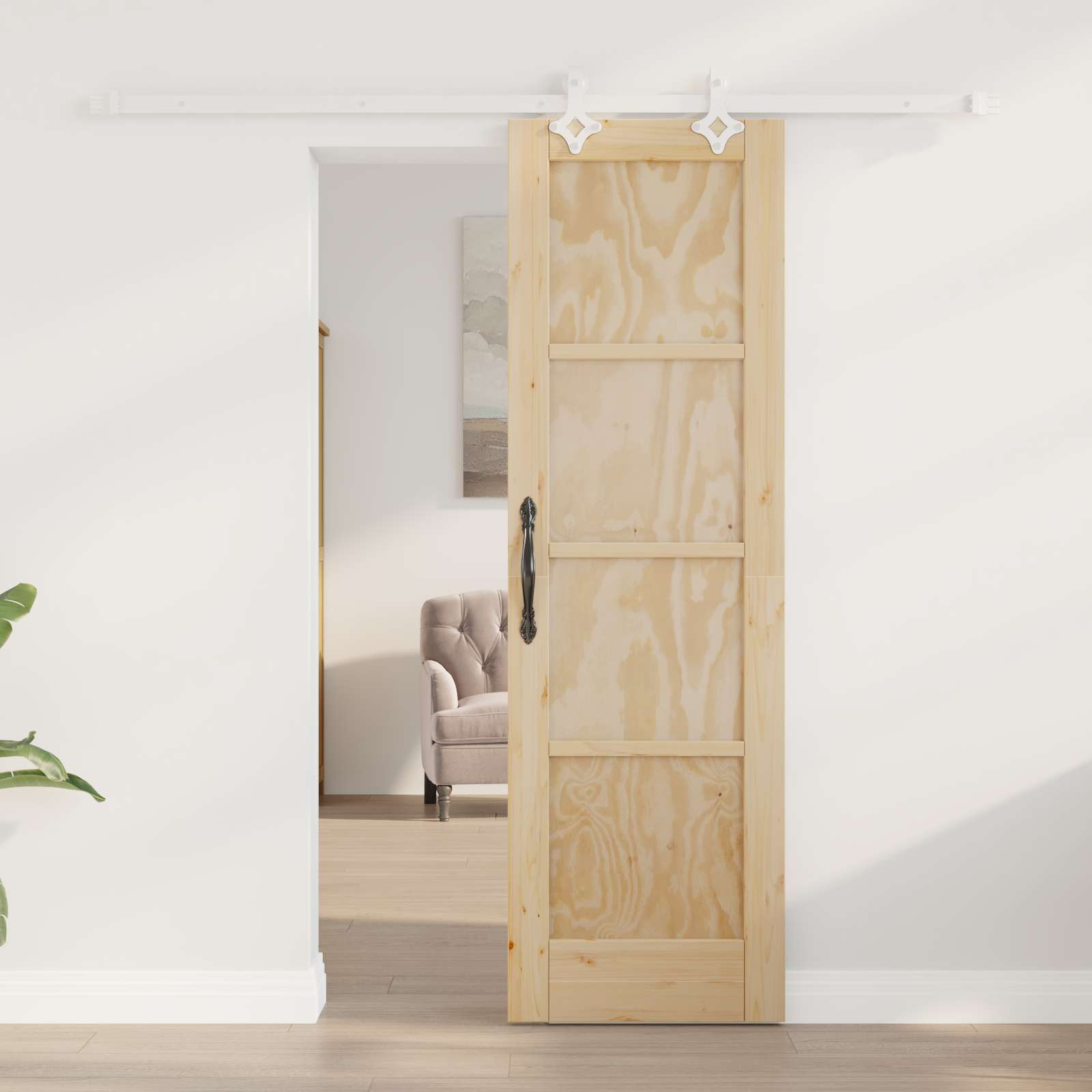 Porta scorrevole in legno di pino naturale e bianco 61 x 198,5 cm