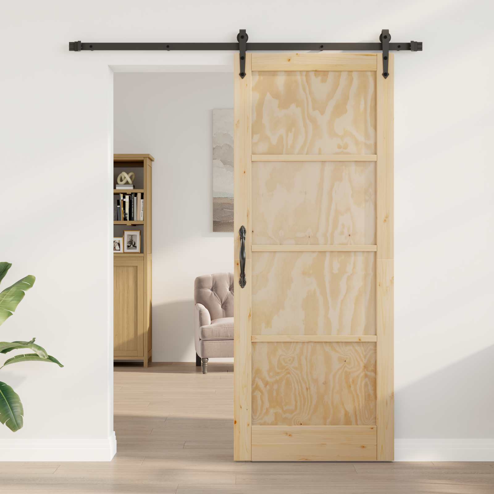 Porta scorrevole ORKDAL in legno di pino e acciaio - 83 x 211 cm - Naturale e Nero